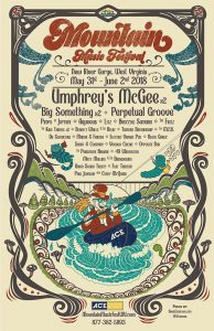 mountain music festival 2018 lineup poster with the mad rafter umphreys mcgee big something, perpetual groove pimps of joytime aqueous at ace adventure resort may 31 june 1 june 2 