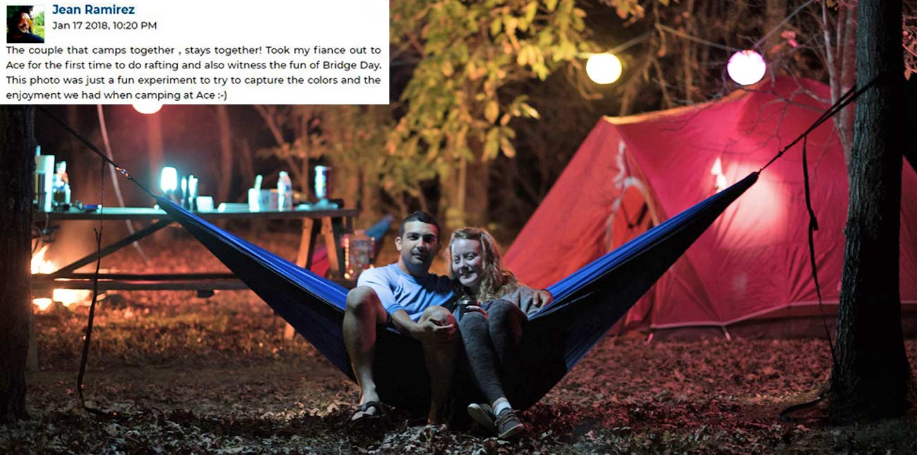 A couple enjoys swinging in a hammock at their ACE campsite on their vacation.