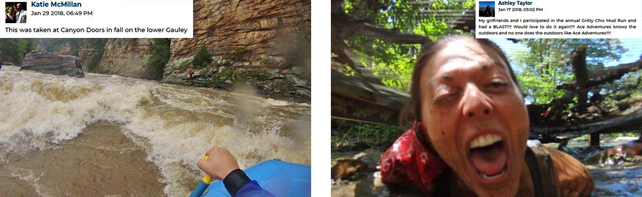 A rafters view of canyon doors (left) and a participant in the Gritty Chix Mud Run at ACE Adventure Resort (right).