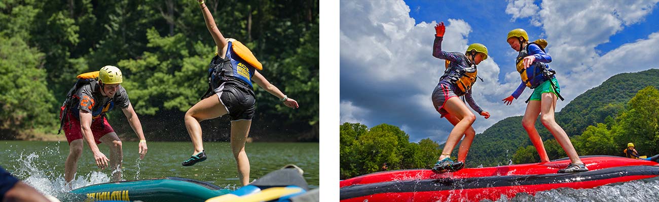 Young girls play rafting games on the upper new river.