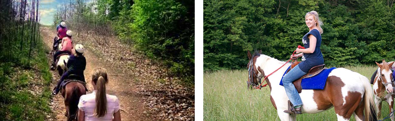 A group evening ride through the New River Gorge on horseback, and a woman smiling while horseback riding with Equestrian Adventures.