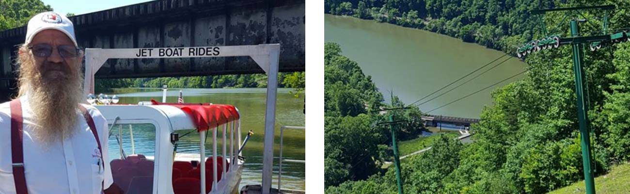 Captain Rick of New River Jetboats gets ready to head out on the New River. The tram from Hawks Nest State Park lodge goes down the Gorge to take you to your jetboat ride.