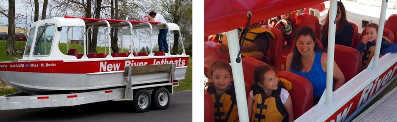 A jetboat from New River Jetboat is taken to the river by boat trailer, and a family awaits their Jetboat trip at New River Jetboats at Hawk's Nest in Ansted, West Virginia.