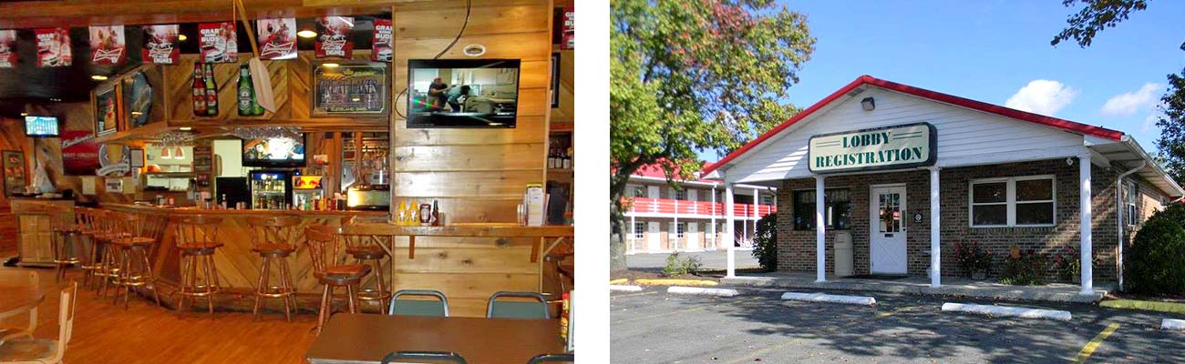 Elliott's Whitewater Bar and Grill viewed from the dining interior and the main lobby check in of the Quality Inn New River Gorge.