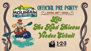 mountain music festival pre party graphic at 123 pleasant street in morgantown west virginia featuring Litz The Kind Thieves and Voodoo Circuit