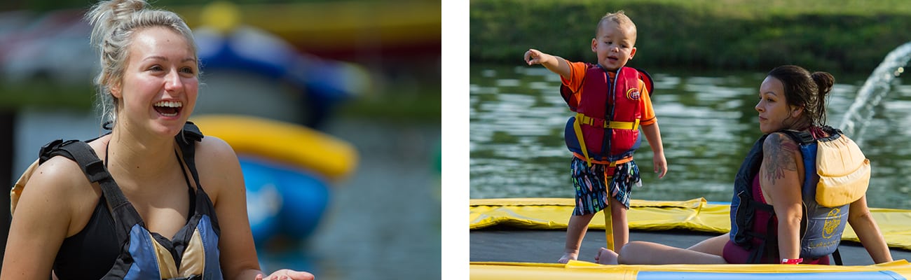 Guests swim at ACE Lake and jump on the floating trampoline in Wonderland Waterpark at ACE Adventure Resort, one of the best West Virginia family resorts.