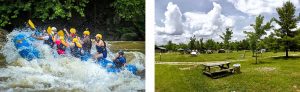 Lower New River rafting in the New River Gorge and a campsite with picnic table on the mountaintop campground at ACE Adventure Resort in West Virginia.