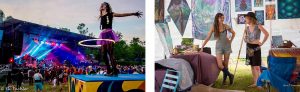 A hoop dancer performs for the crowd in front of the main stage on the mountaintop, and two artists display their work in the artist tent at Mountain Music Festival at ACE Adventure Resort in West Virginia.