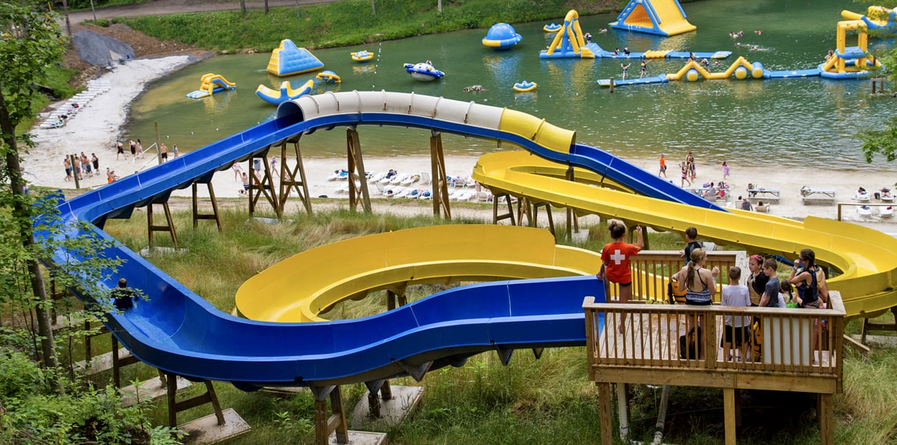 The two water slides above the beach at Wonderland Waterpark in West Virginia at ACE Adventure Resort.