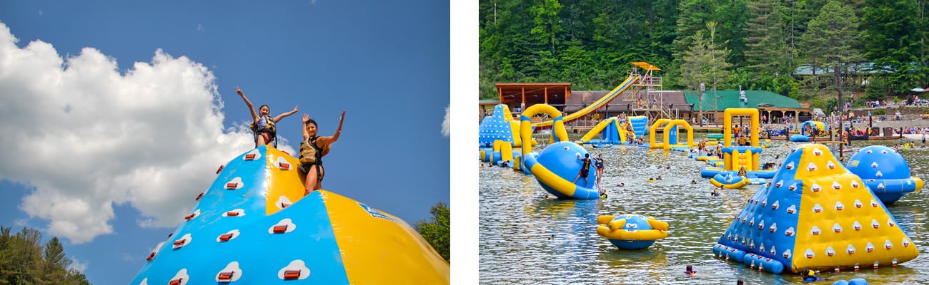 A family climbs on the giant inflatable ice burg toy on ACE lake at Wonderland Waterpark, in West Virginia at ACE Adventure Resort.