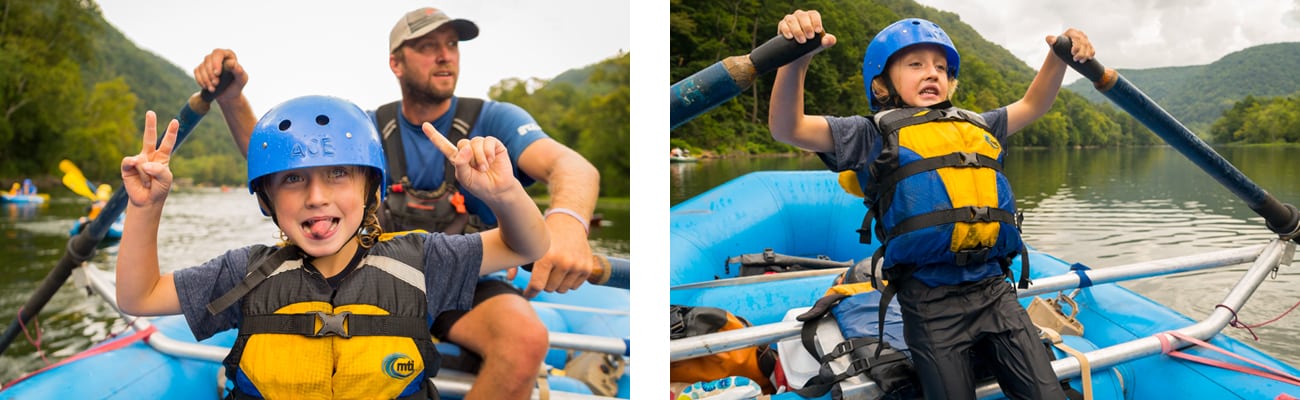 Father and son explore the river in an oar raft on an Upper New River rafting vacation in the New River Gorge with ACE Adventure Resort in West Virginia.