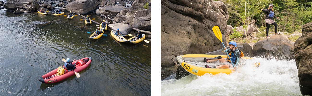 ACE Adventure Resort raft guides and guests paddle inflatable kayak duckies on the summer Gauley in West Virginia.