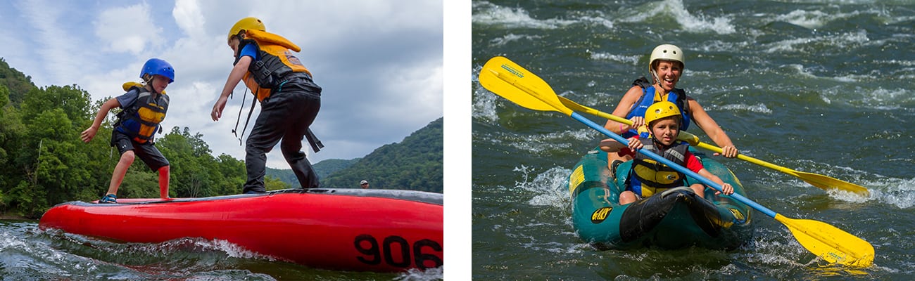 Kids play ducky wars and paddle an inflatable kayak on the Upper New River in West Virginia on a family rafting trip with ACE Adventure Resort.