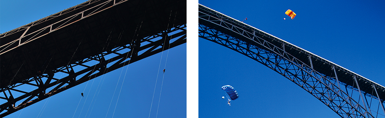 BASE jumping and rappelling on Bridge Day over the New River Gorge from the bridge in Fayetteville, West Virginia.