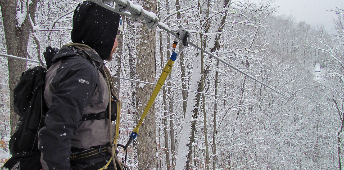 Winter zip lining in the snow at ACE Adventure Resort in WV.