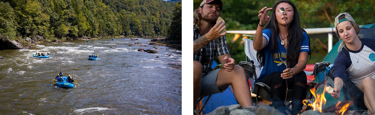 Fall Gauley season rafting on the Gauley River, and camping with campfire and s'mores at ACE Adventure Resort in the New River Gorge, West Virginia.