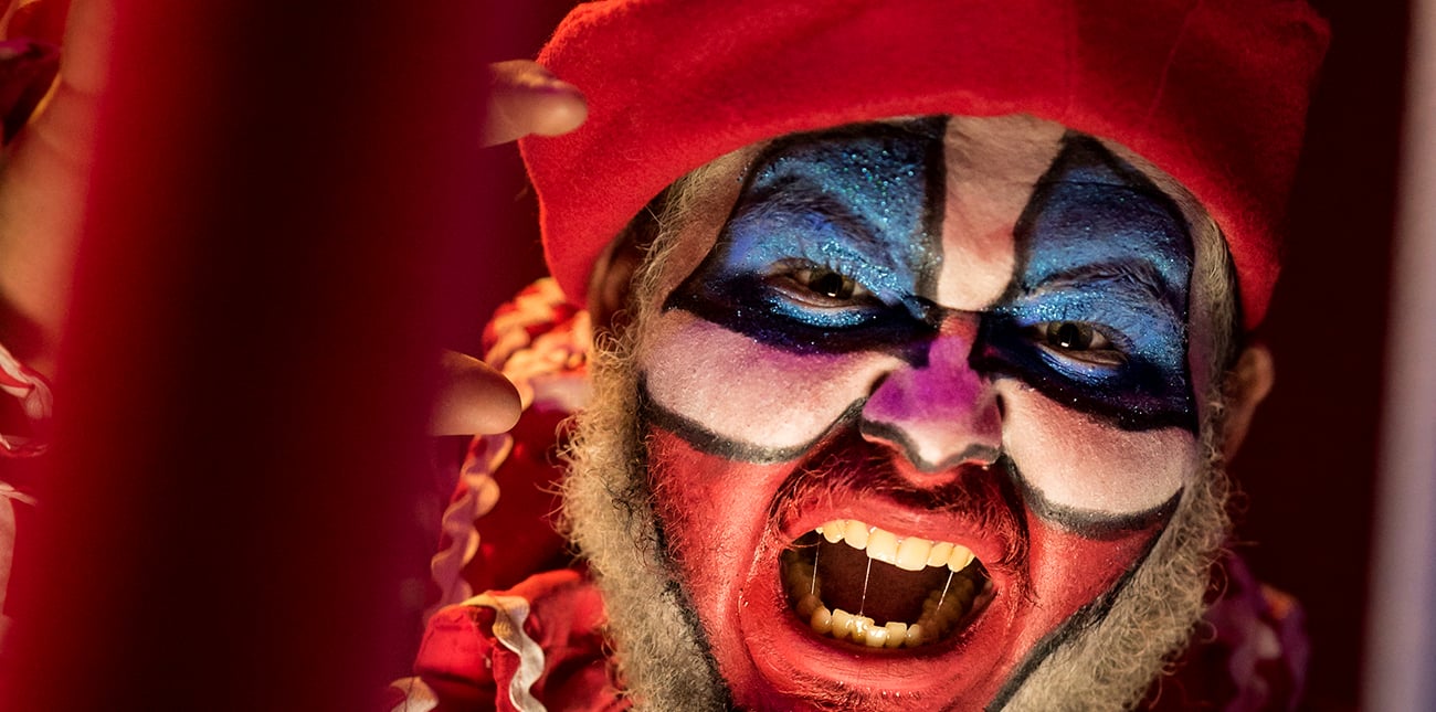 Crusty the Clown in character costume during Nightmare in the Gorge haunted house at ACE Adventure Resort. 