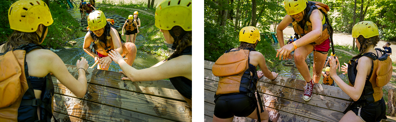 Team building with a group challenge on the mud obstacle course at ACE Adventure Resort in West Virginia.