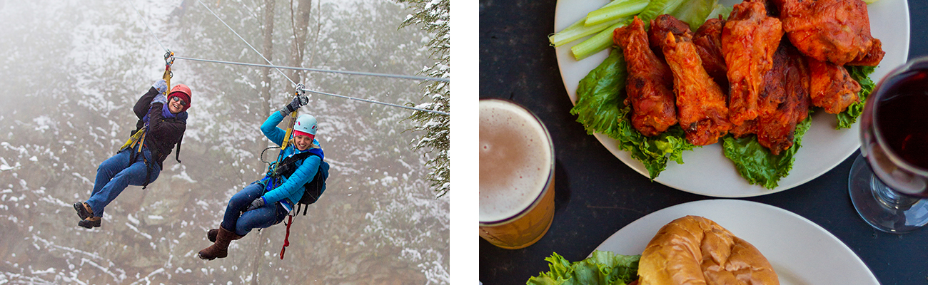 Guided winter zip line tours and hot food at the Lost Paddle during a winter weekend cabin getaway at ACE Adventure Resort in the New River Gorge, West Virginia.