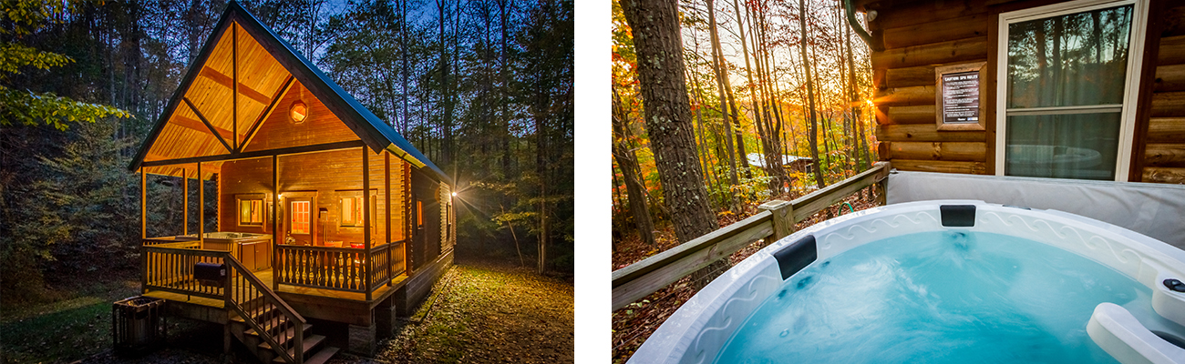 The Aspen Log Home and an outdoor hot tub at ACE Adventure Resort in the New River Gorge, West Virginia.