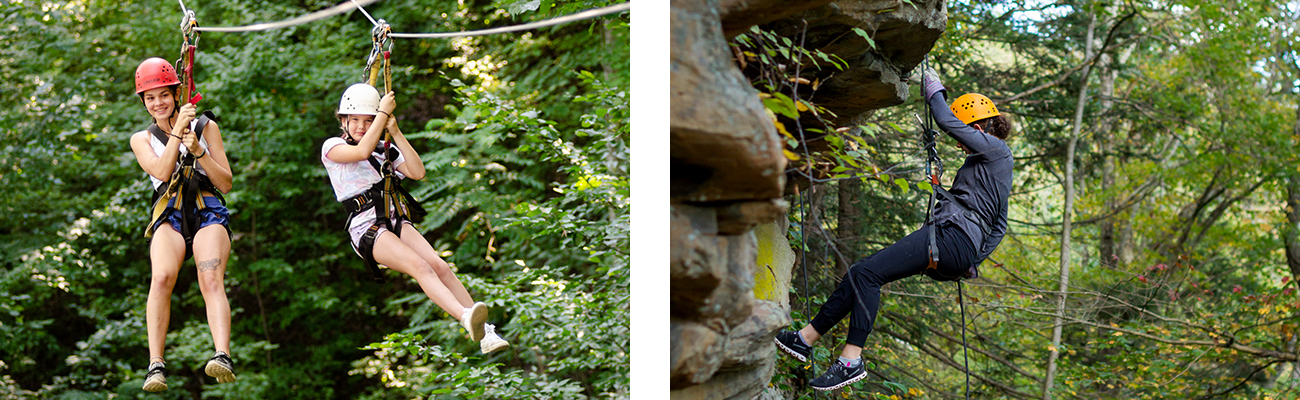 Zip lining and rappelling at ACE Adventure Resort in the New River Gorge, West Virginia.