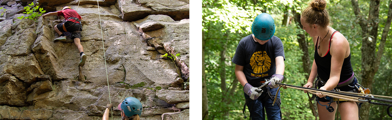 Students learn geology with rappelling and rock climbing in a STEM course at ACE Adventure Resort's outdoor classroom in the New River Gorge, West Virginia.