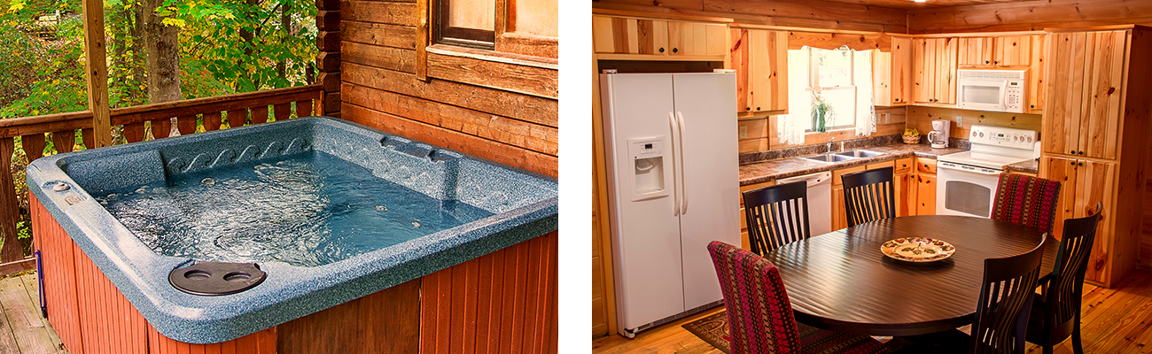 A full stocked kitchen and private hot tub at ACE Adventure Resort's New River Gorge cabins.