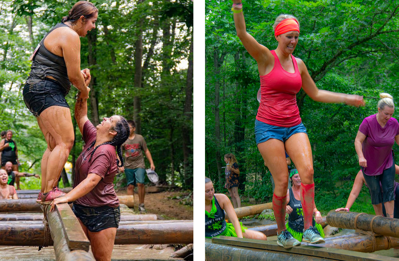 Friends help each other over the logs during the Gritty Chix Mud Run at ACE Adventure Resort in Southern West Virginia.