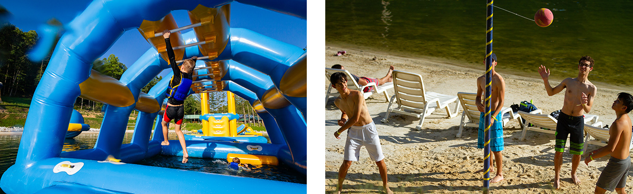 Playing tether ball on the beach at ACE Lake, and playing on the inflatables in the water at Wonderland Waterpark at ACE Adventure Resort in West Virginia.