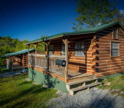 An exterior view of the cedar cabins in the New River Gorge