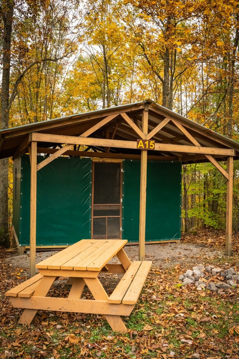 An exterior shot of ACE Adventure Resort's cabin tents, and affordable West Virginia Cabin Rental option.