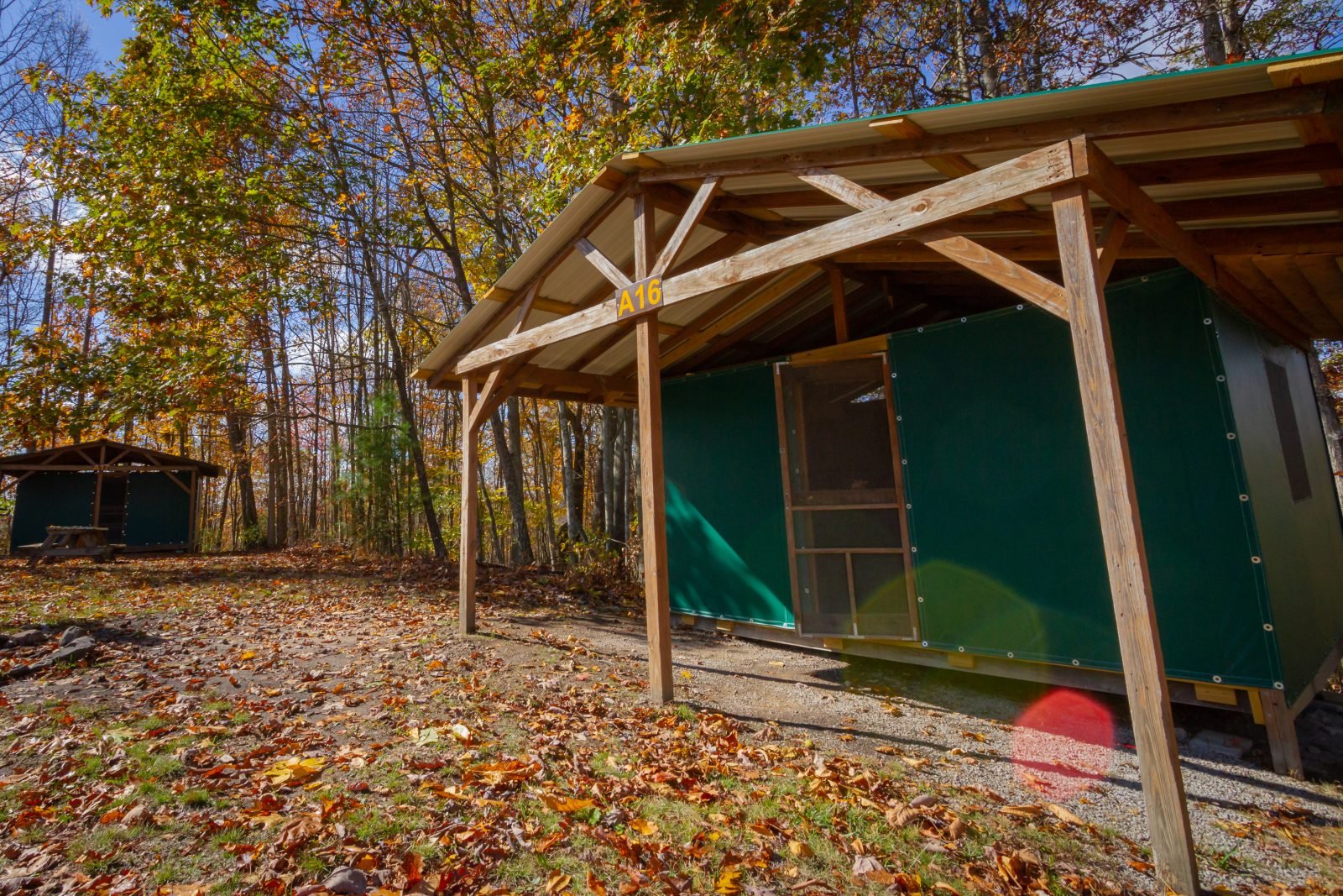 An outside view of ACE's new river gorge rustic lodging platform tent rental.