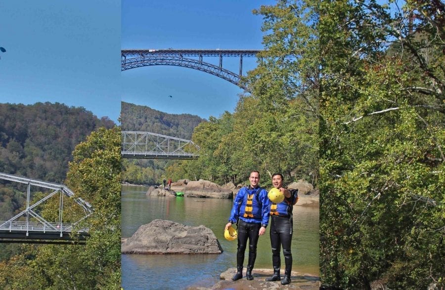 Guests of ACE pose under the New River Gorge Bridge on Bridge Day on a Lower New River white water rafting trip.