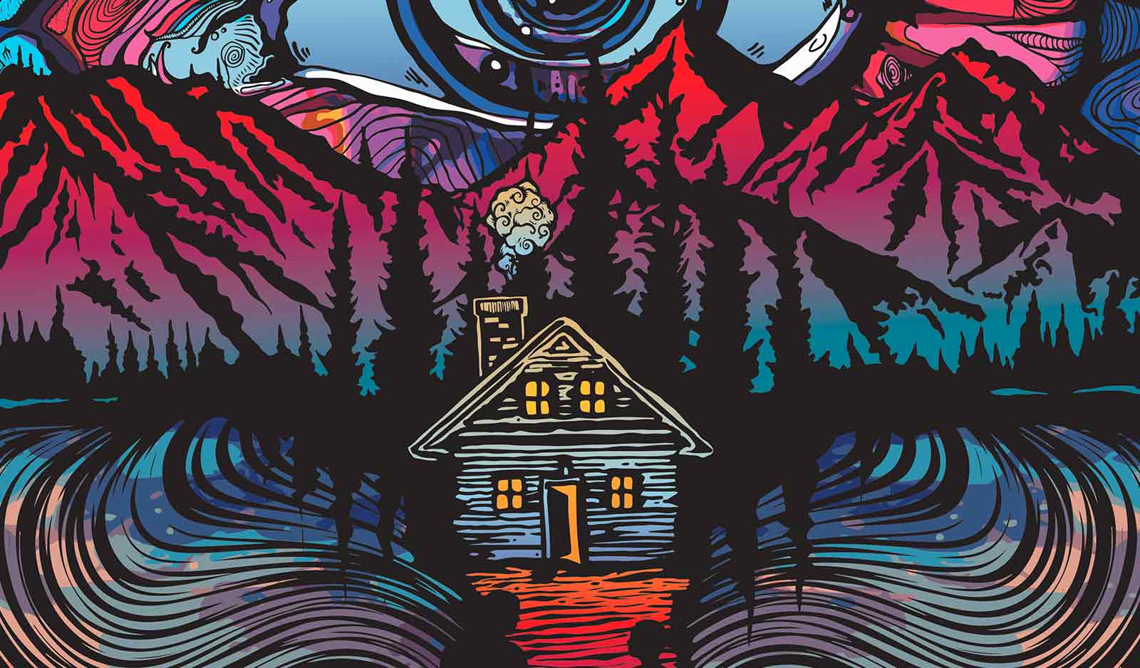 A section of the cabin fever poster design showing a cabin in the woods and the mountains behind it.