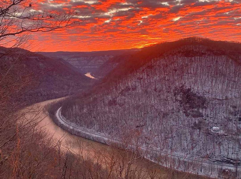 A glowing sunset from Concho Overlook at ACE shows how beaustiful winter in West Virginia can be.