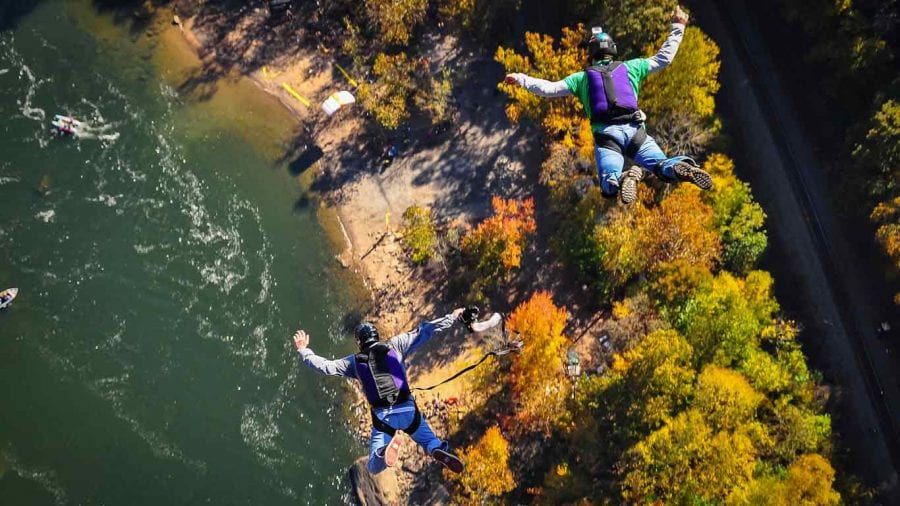 Base jumpers jumping off the New River Gorge Bridge