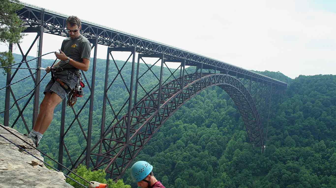 Climber with the New River Gorge in the background