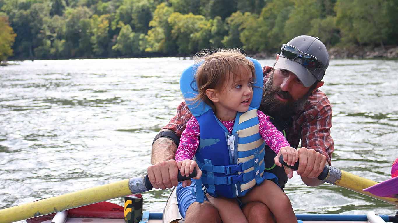 Father rafting the Upper New with daughter