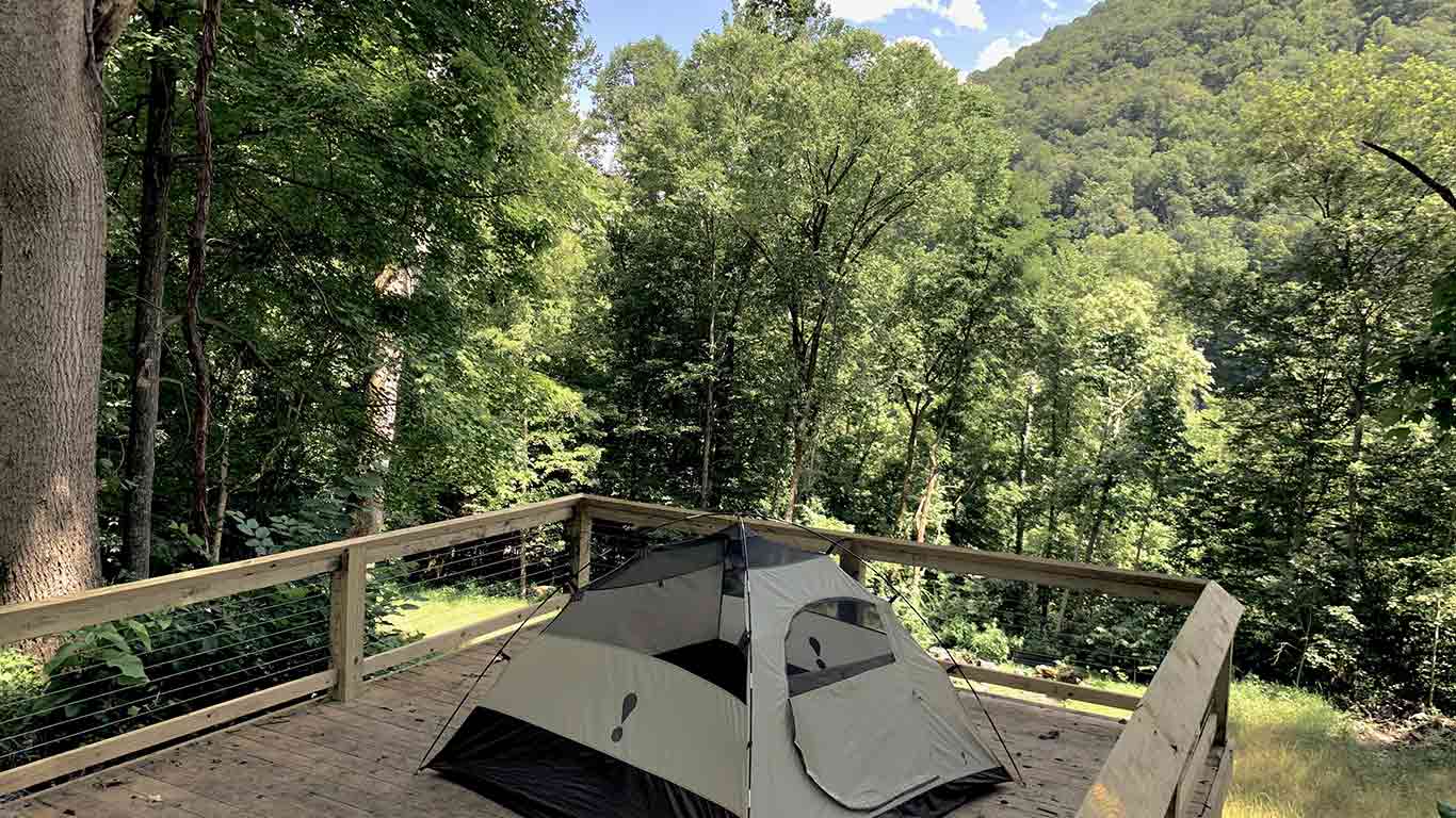 Tent setup on deck for Haunted Campout