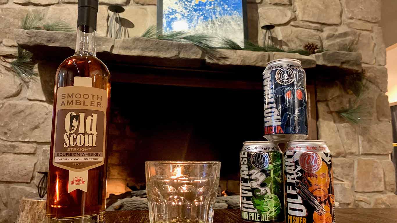 Bourbon and Beer by fireplace 
