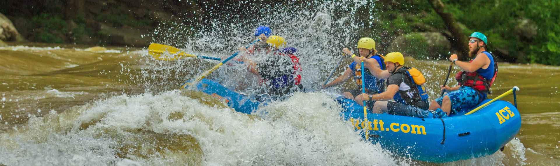 Rafters whitewater rafting on the lower new river gorge in west virginia enjoy spring high water levels.