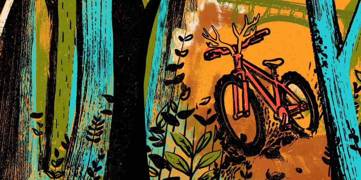 mountain bike poster art of bike in the forest