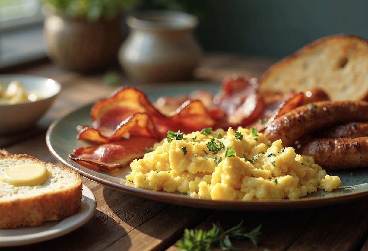 bacon and eggs on a plate promoting sunday brunch at ace adventure resort the lost paddle